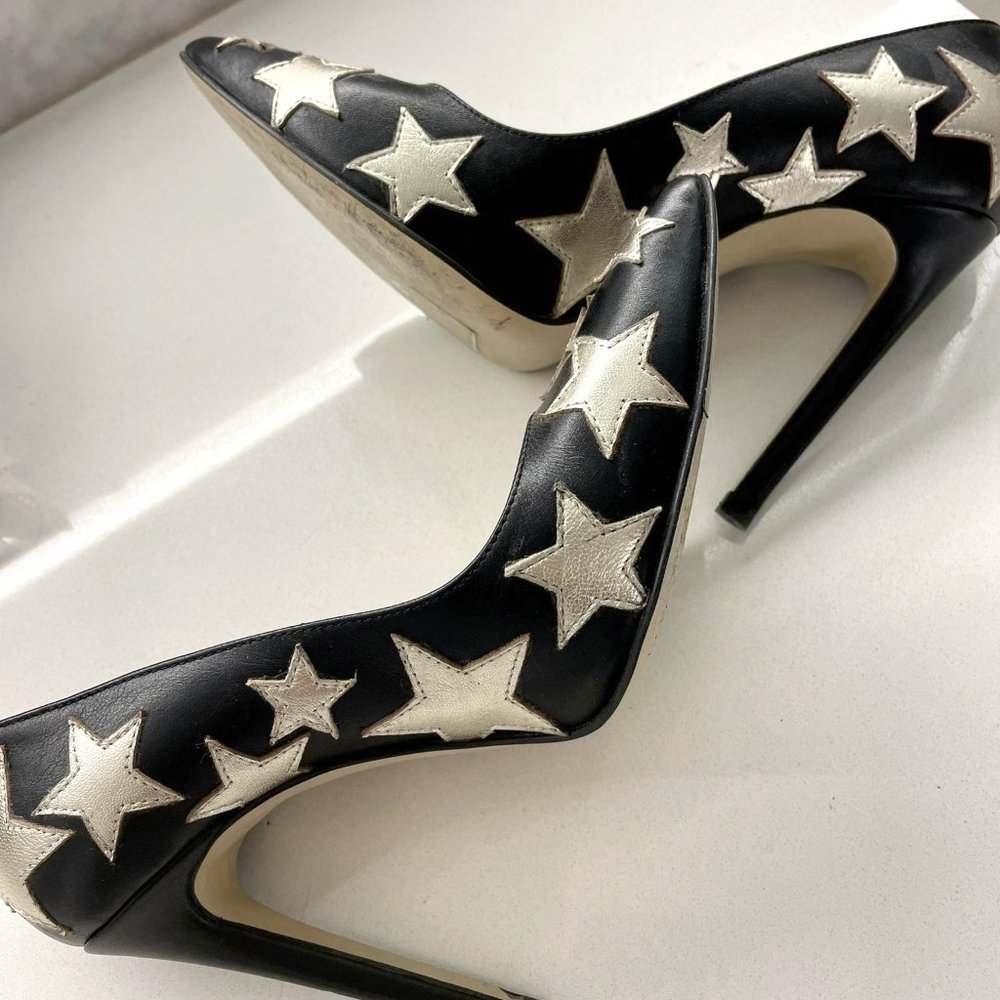 Flavio Castellani Black Leather Pump Heels with Silver Stars Women Size 7